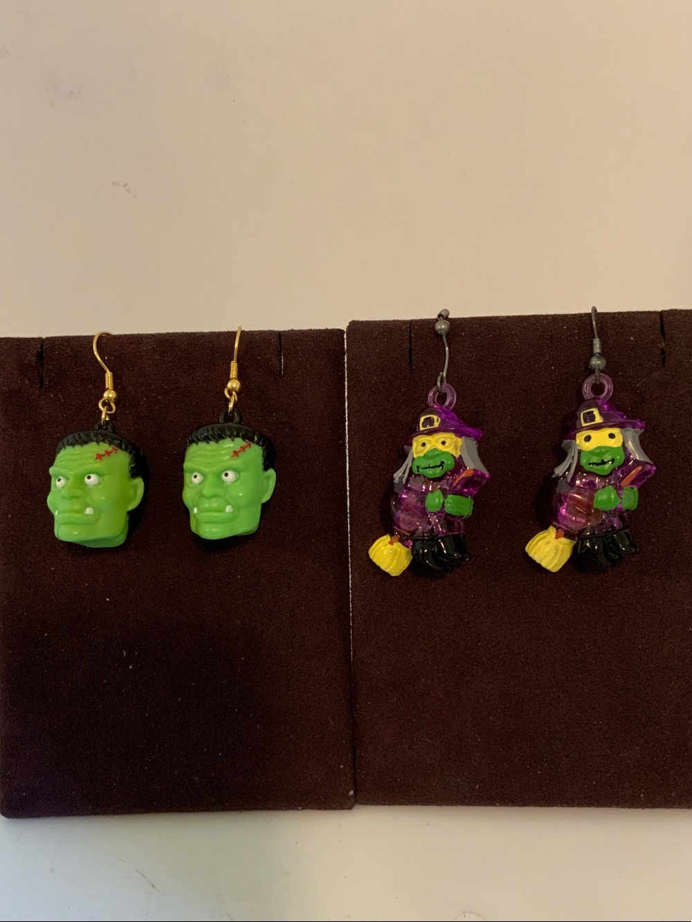 Kids Halloween Dangle Earrings - Green Frankenstein & Witch Characters